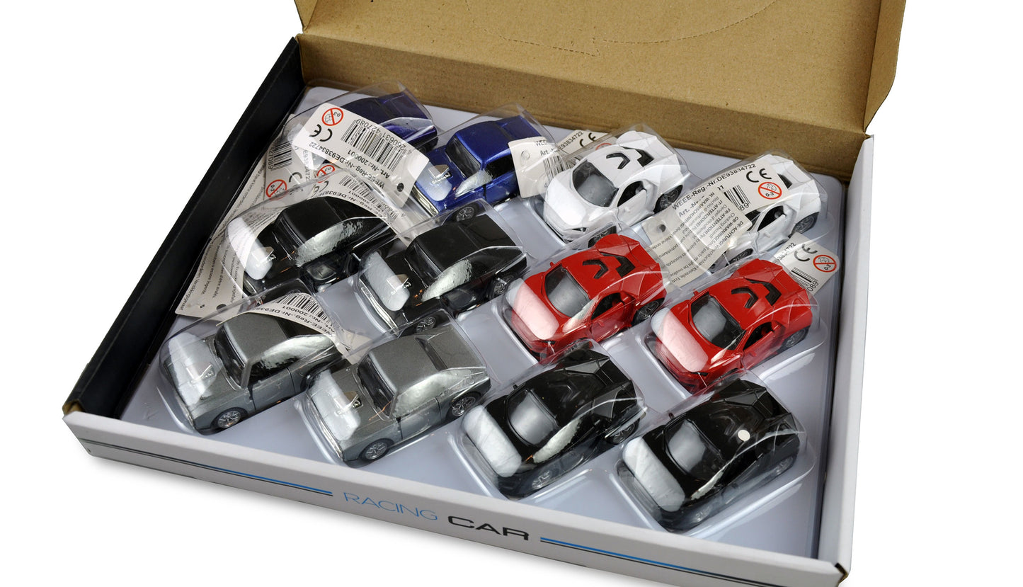 Rückzug Druckguss Fahrzeuge 1:48, 12er Set im Display