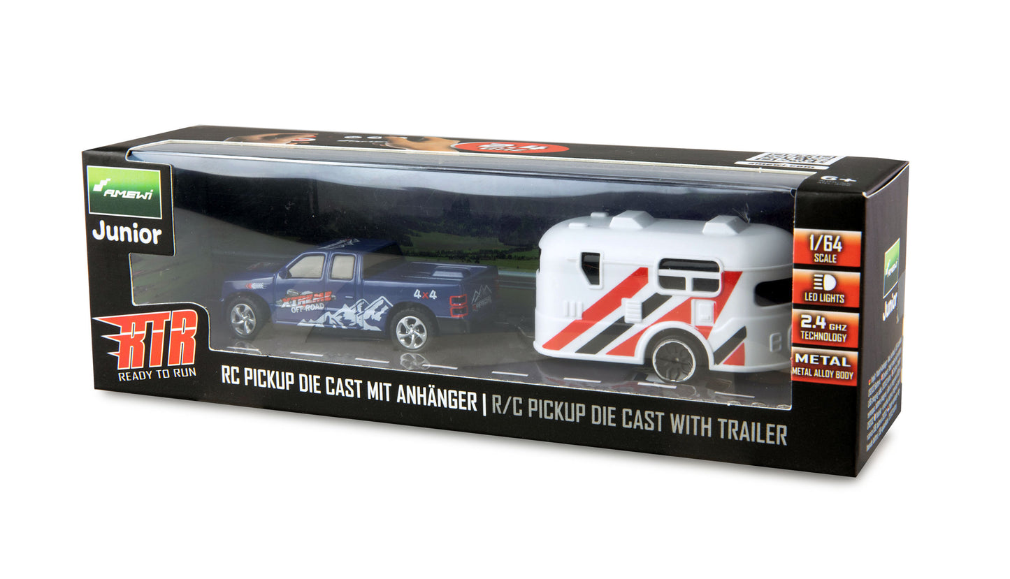 RC Pickup Die Cast With Wohnwagenanhänger 1:64 RTR Blue