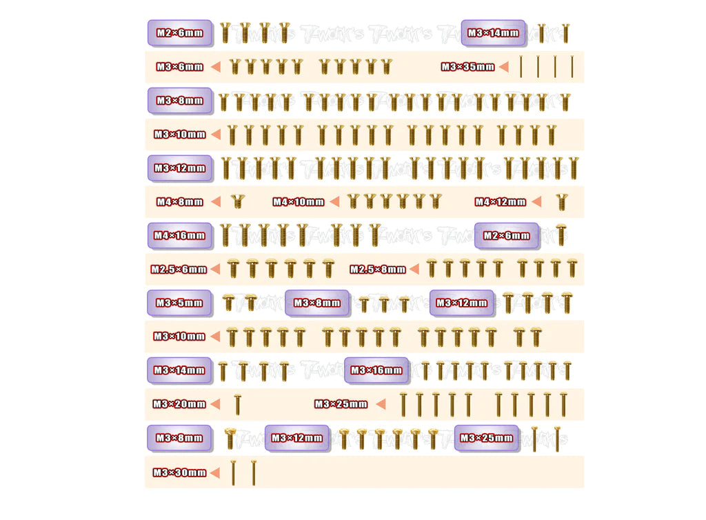 T-Work's Gold Plated Steel Screw Set for Sworkz S35-T2 (174pcs)